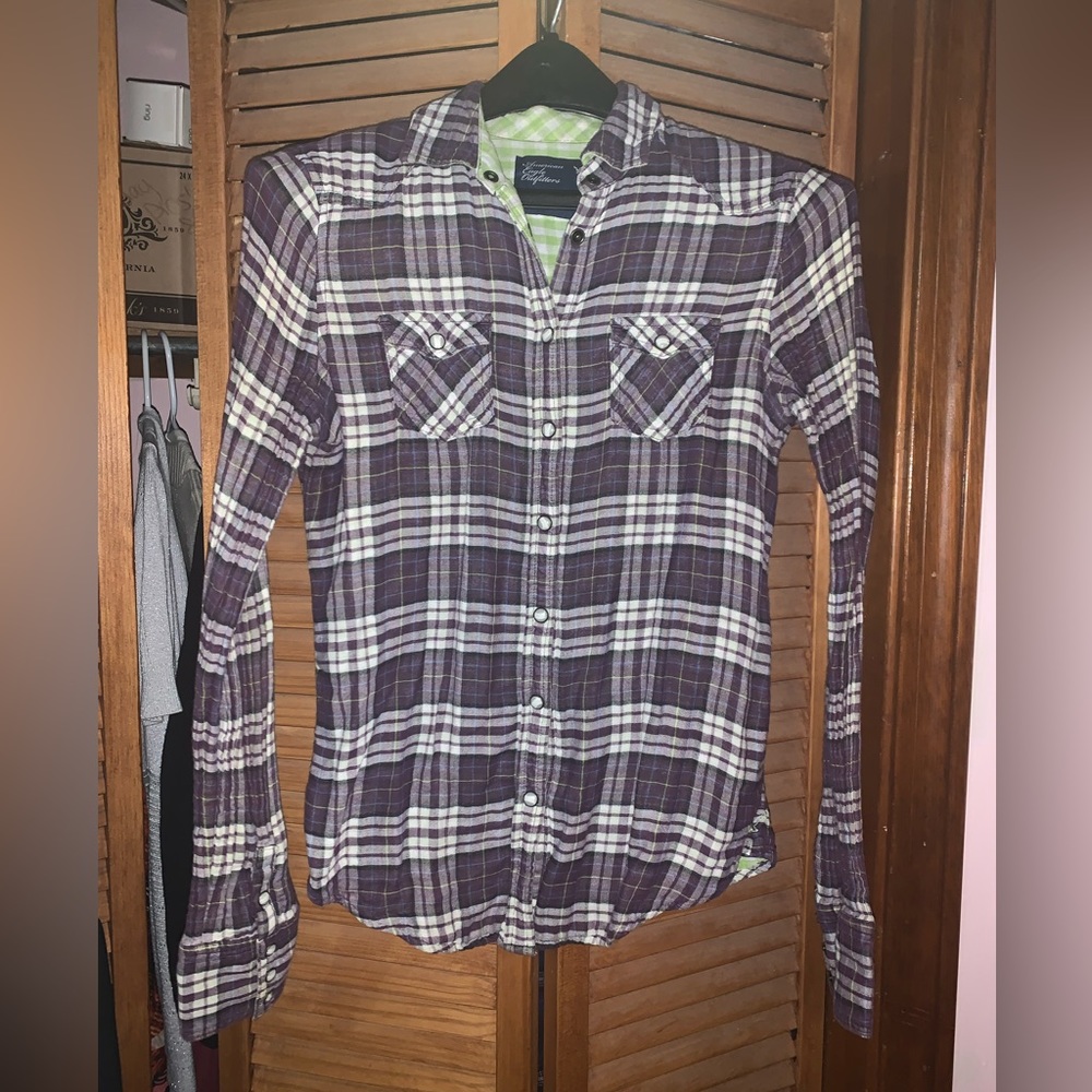 AEO purple plaid button down.